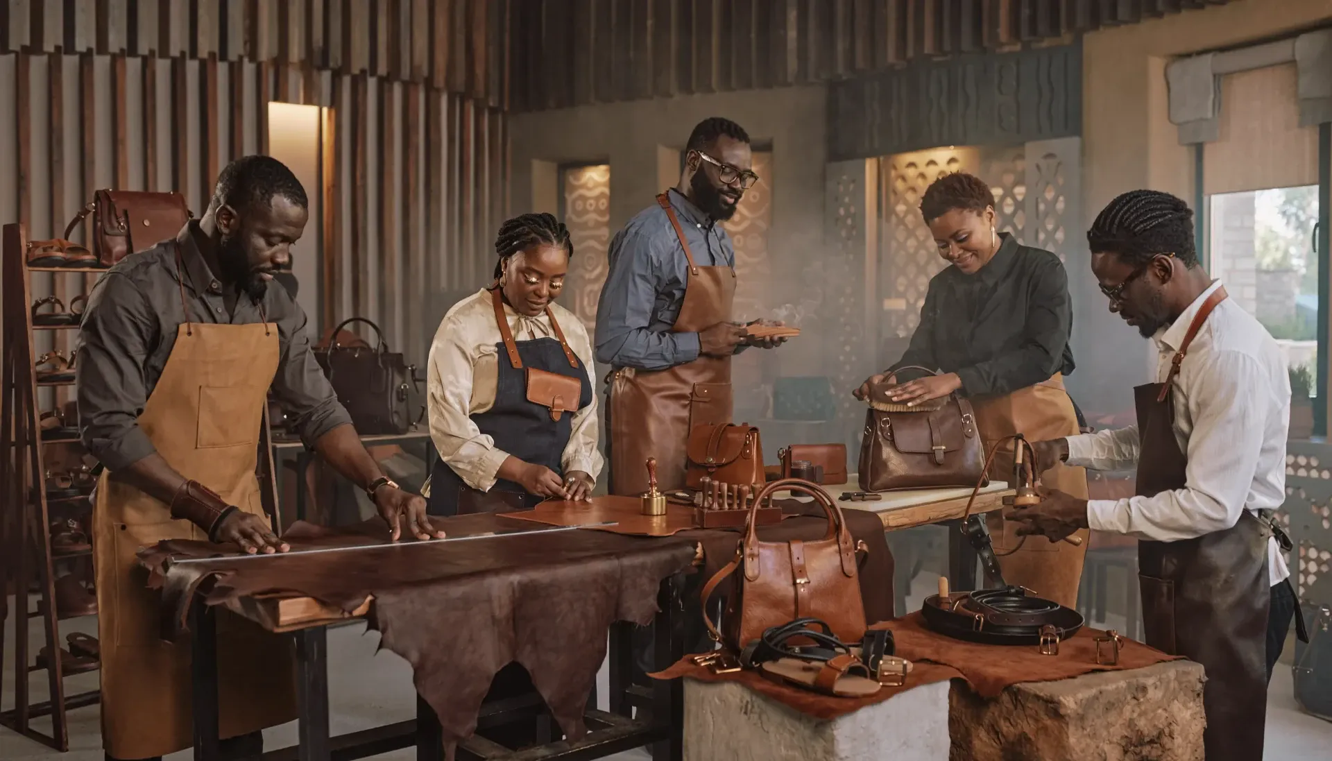 Les artisans LiTié à l'ouvrage sur du cuir brun, à l'atelier de Ouagadougou